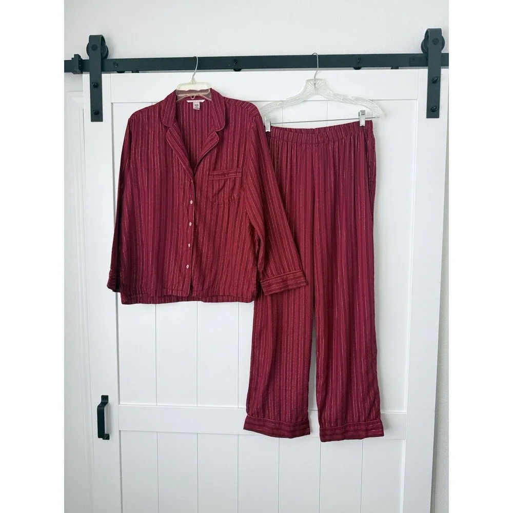 Victoria's Secret Pajama Set Sz M Red Gold Metallic Shimmer Stripe Cotton Modal